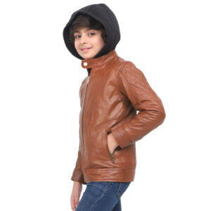 BOYS HOODED SHEEP LEATHER JACKET