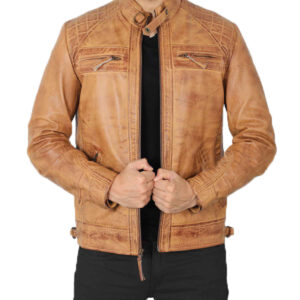 Mens Quilted Camel Brown Biker Leather Jacket