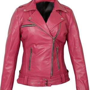 Women Pink Genuine Leather Biker Café Racer Jacket